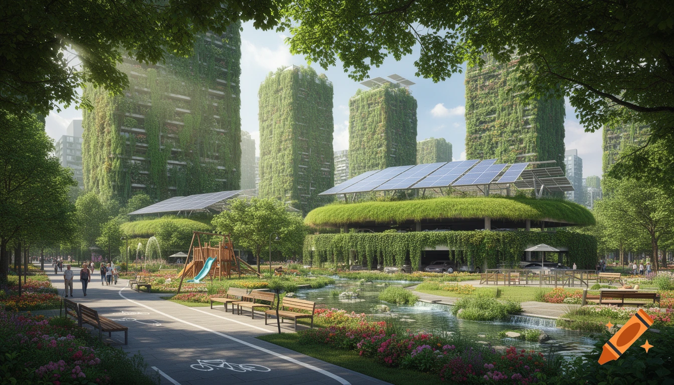 Photorealistic view of a vibrant eco-city with vine-covered buildings, solar panels, a lush park with bike lanes, and a playground.