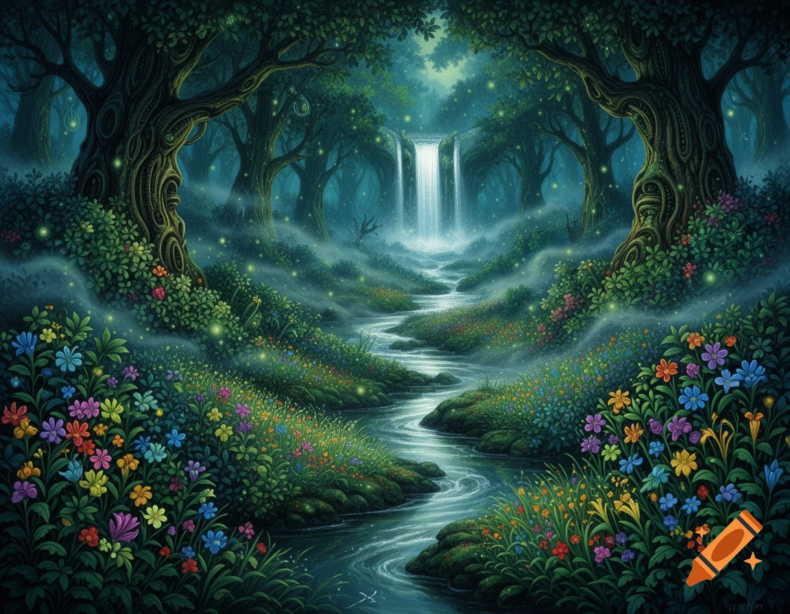 A vibrant, detailed painting of an enchanted forest with a waterfall, winding stream, glowing fireflies, and colorful wildflowers.