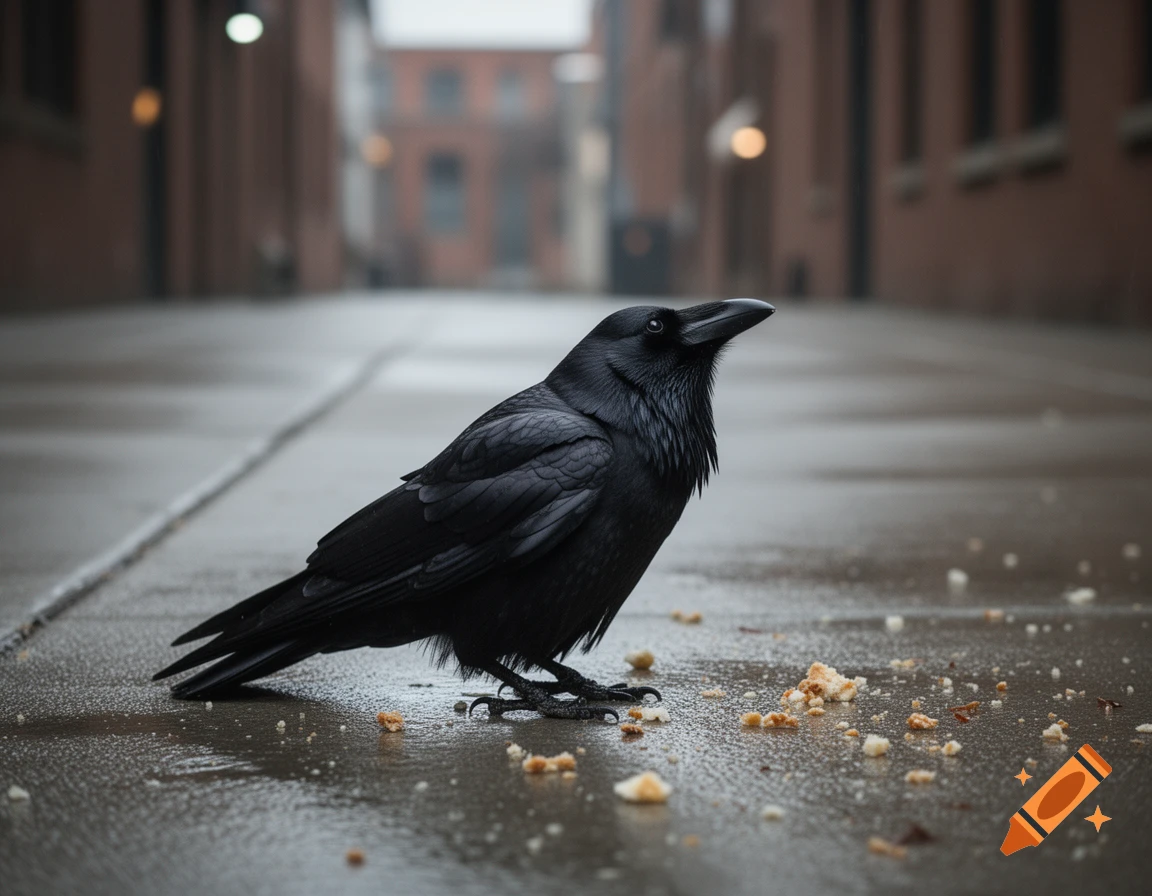 A photorealistic image of a black raven sitting on a wet urban street with breadcrumbs scattered around.