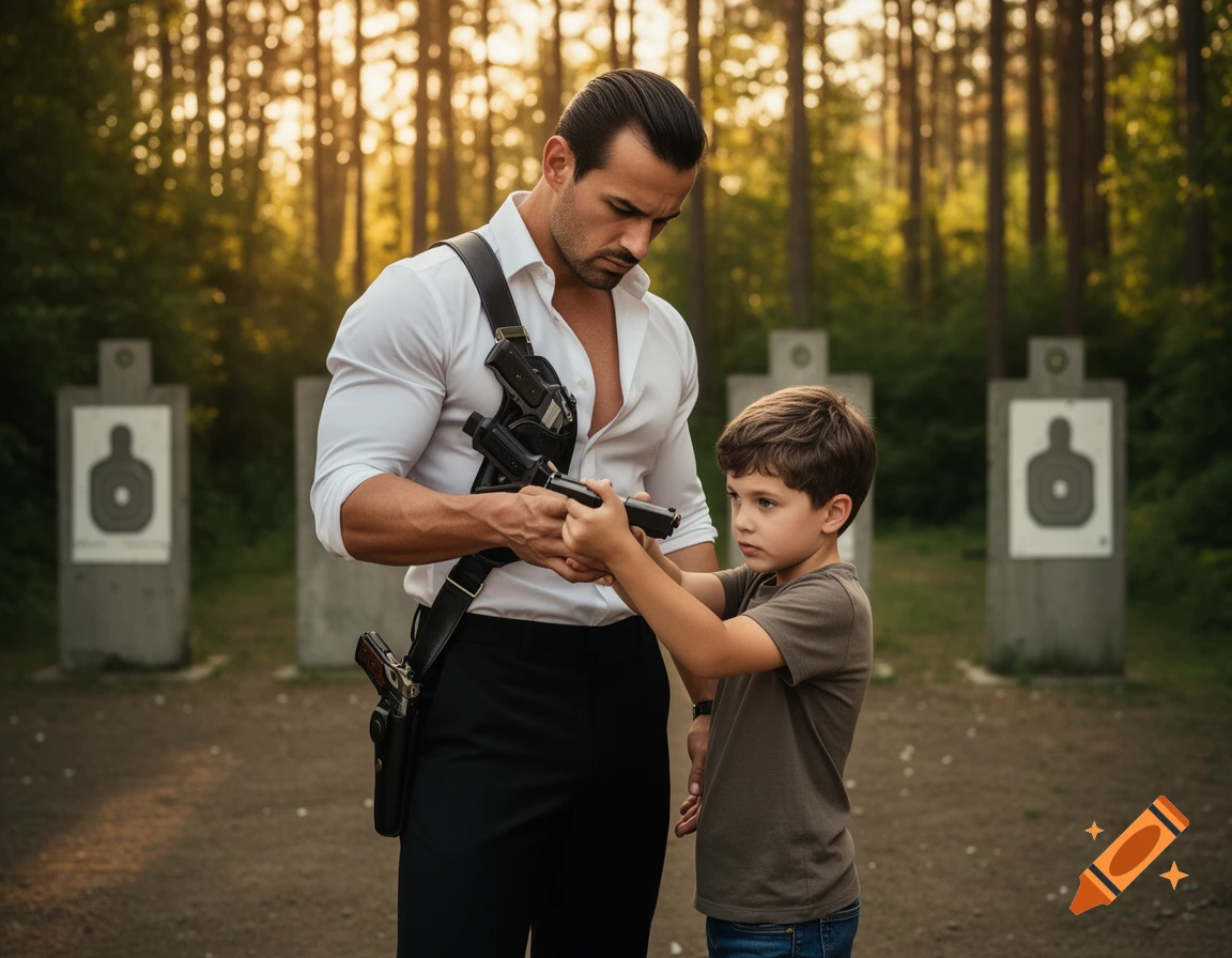A man in a white shirt and shoulder holster teaches a young boy to hold a handgun at an outdoor shooting range with targets in the background.