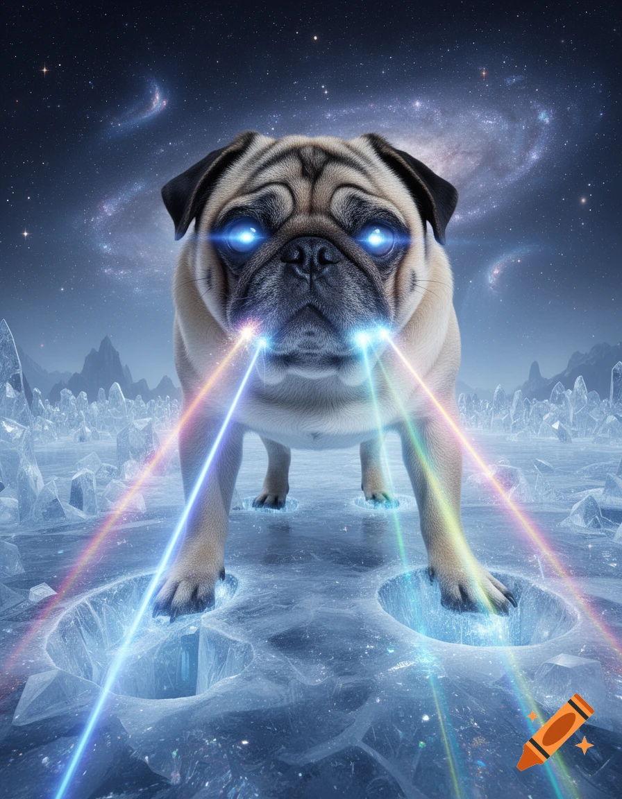 A photorealistic pug with glowing blue eyes and colorful lasers shooting from its mouth stands on an icy planet under a starry galaxy.