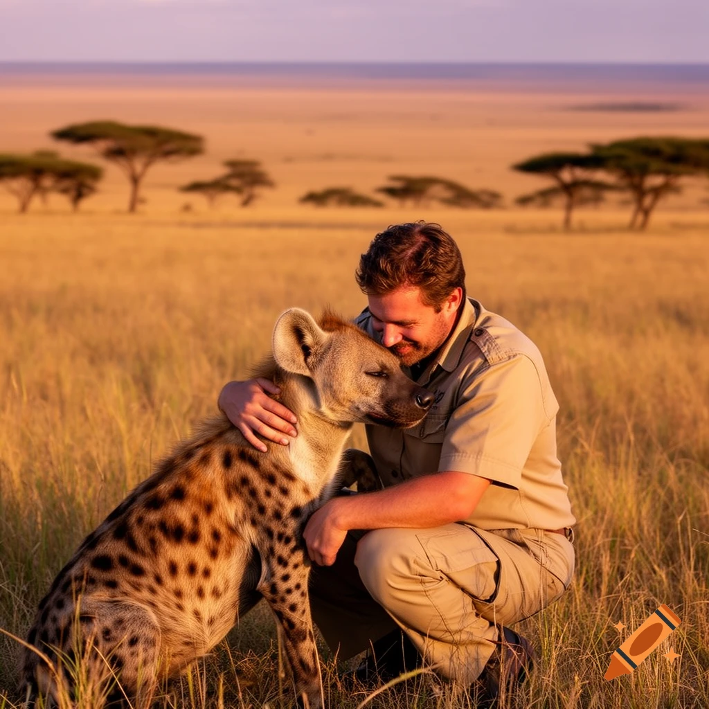 A man in safari attire crouches, embracing a spotted hyena in a sunlit savanna with acacia trees.
