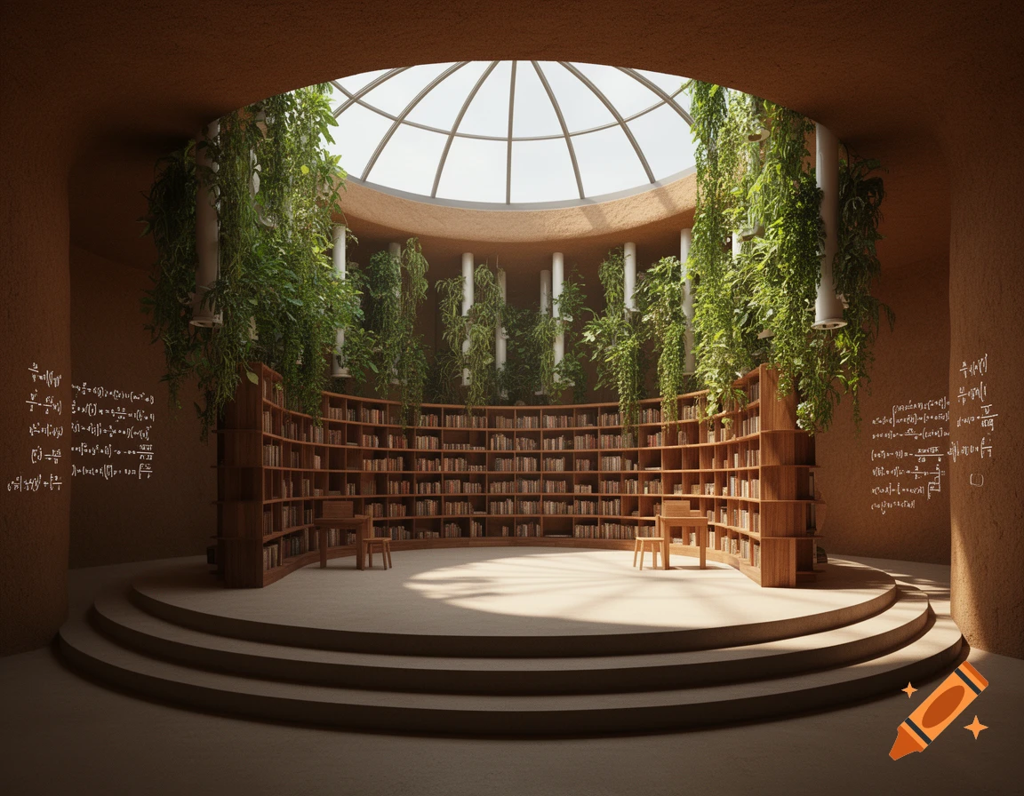 Circular library interior with tiered seating, curved bookshelves, lush hanging plants, and light from a dome skylight.