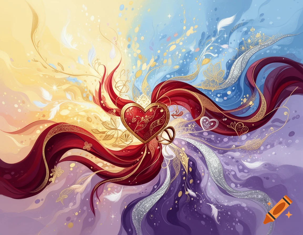 Vibrant abstract illustration of a central red heart surrounded by flowing ribbons, golden filigree, glitter, and feathers on a split warm and cool colored background.