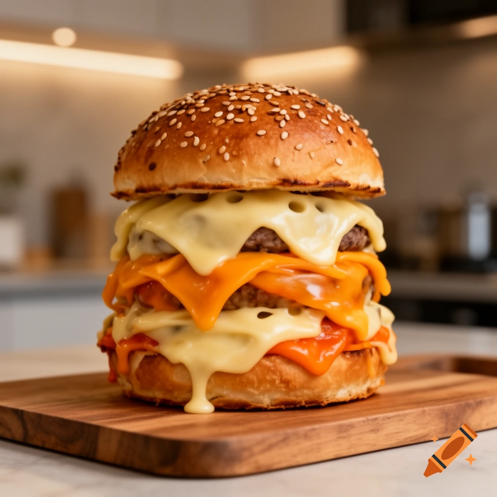 A towering, cheesy burger on a wooden cutting board with a kitchen in the soft-focus background.