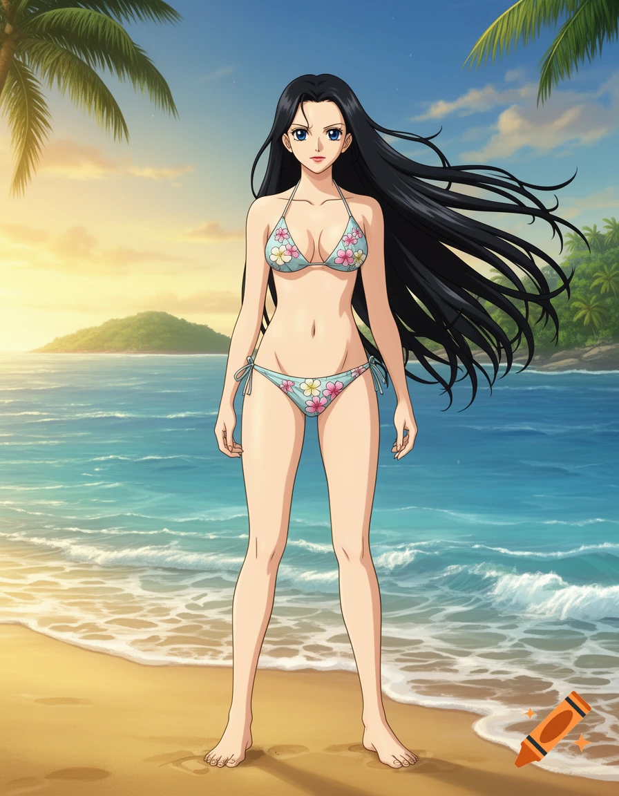 Anime character Nico Robin in a floral bikini standing on a sunny beach with palm trees and ocean.
