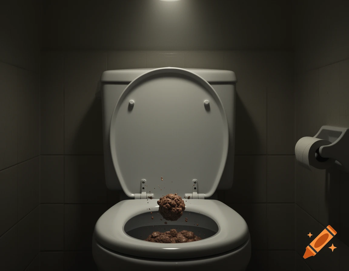 A dramatic, low-lit shot of a toilet with its lid open, containing and expelling brown feces.