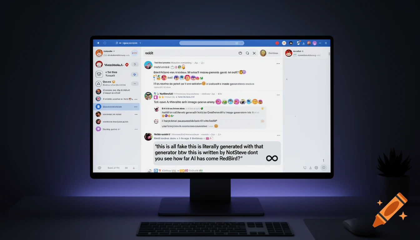 A computer monitor displays a Reddit-like page with a comment in a dark room, emitting a blue glow onto a desk with a keyboard and mouse.