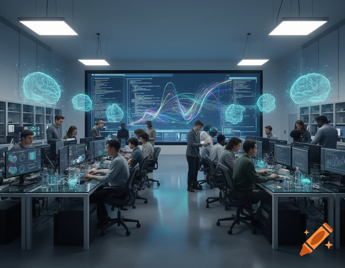 Diverse group of people working at computer stations in a high-tech lab with screens displaying code and data, surrounded by glowing brain holograms.