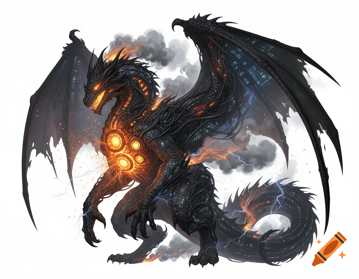 A dark fantasy dragon with glowing furnace-like organs, cables, and data-center motifs, surrounded by smoke and lightning.