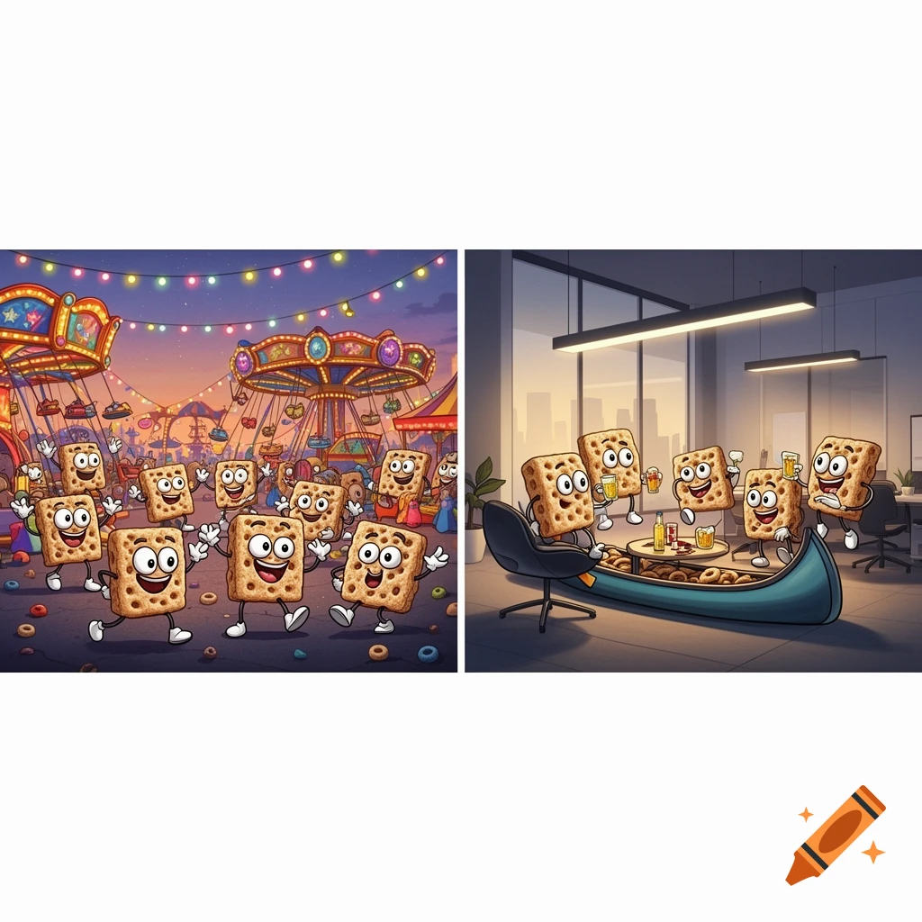 Cartoon cracker characters at a vibrant carnival, and later celebrating with snacks and drinks in a canoe in an office.