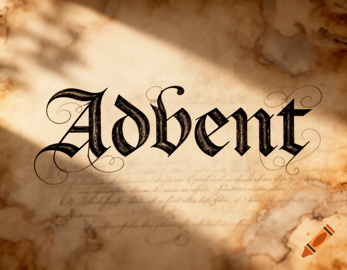 The word 'Advent' in black Fraktur script on aged, shadowed parchment.