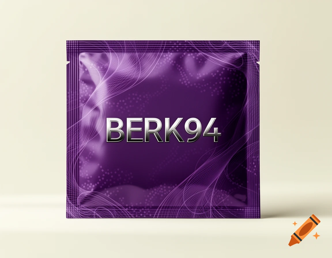 A purple square package with a wavy pattern and silver text 'BERK94' on a light background.