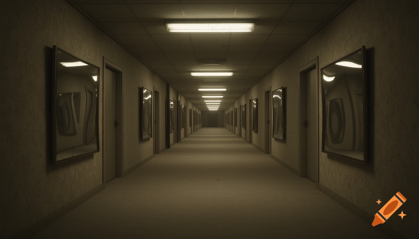 A long, dimly lit, narrow hallway with fluorescent lights on the ceiling and doors lining both sides, creating a sense of an endless, unsettling space.