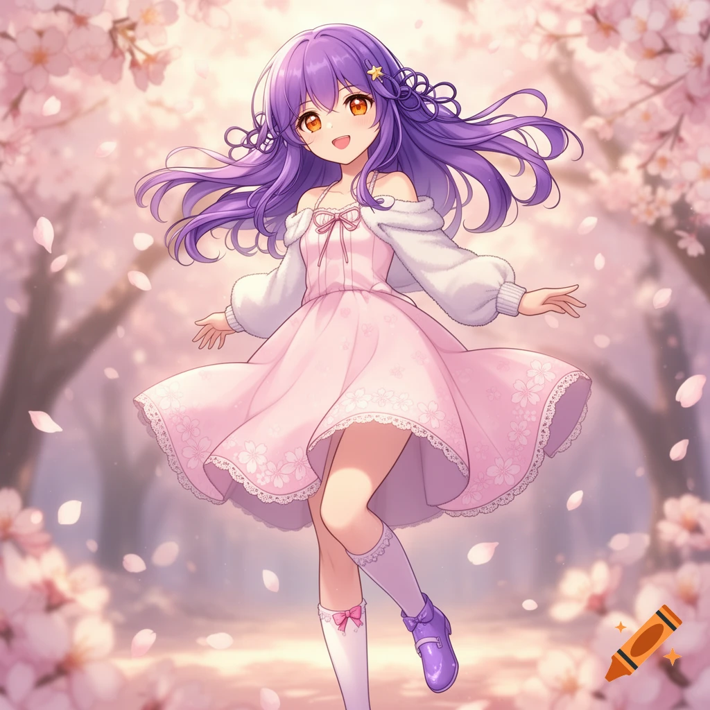 A smiling anime girl with purple hair and orange eyes in a pink dress, standing amidst falling cherry blossoms.
