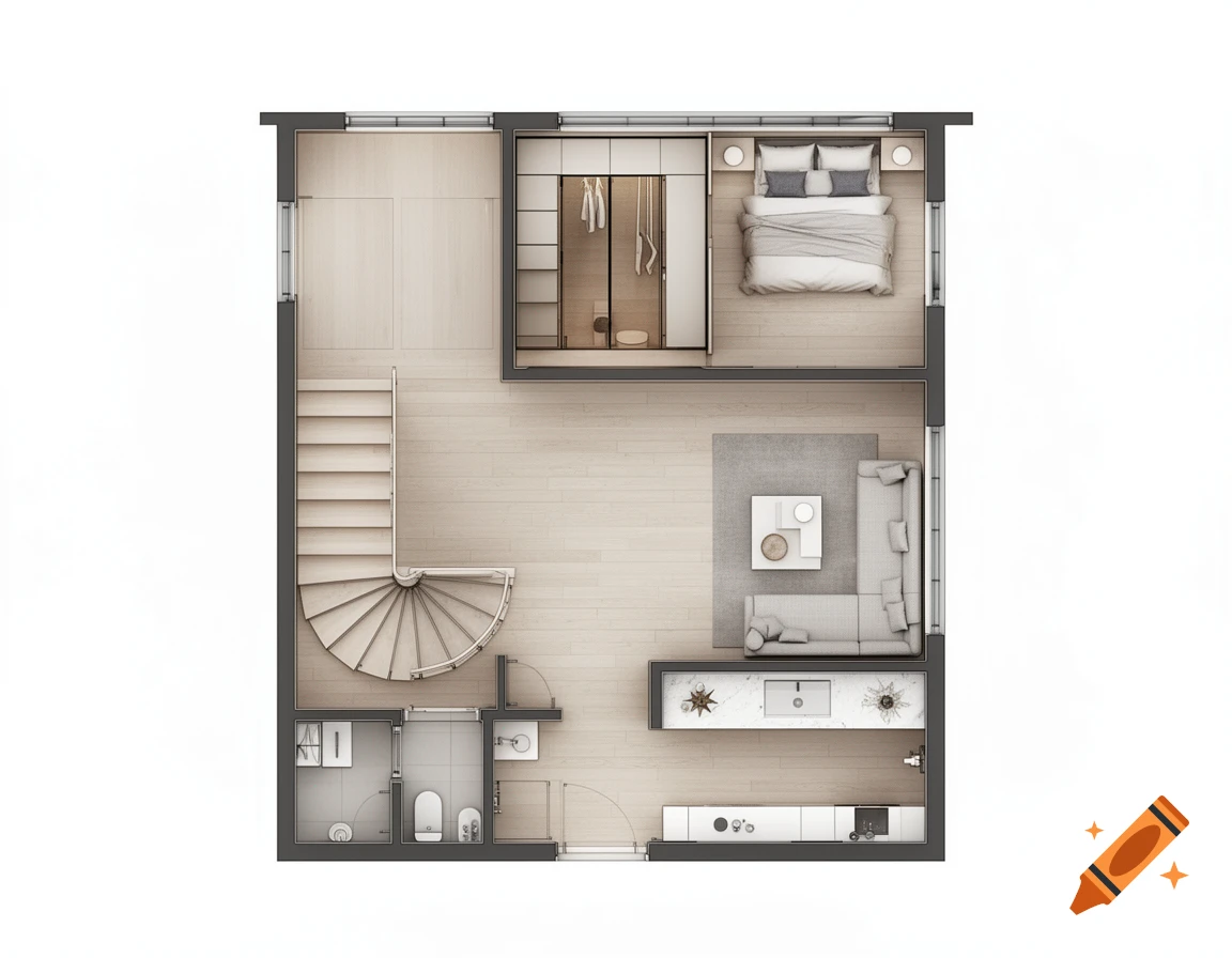 Top-down 2D floor plan of a modern loft, featuring a kitchen, living room, spiral staircase, bathroom, and bedroom.