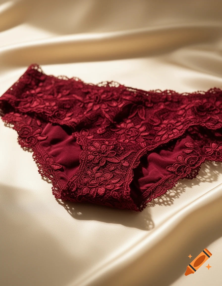 Close-up of dark red lace panties with floral details, resting on a beige satin fabric with soft shadows.