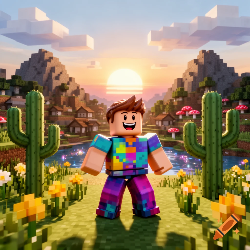 A smiling Roblox character in a colorful shirt and pants stands in a blocky Minecraft landscape at sunset with mountains and cacti.