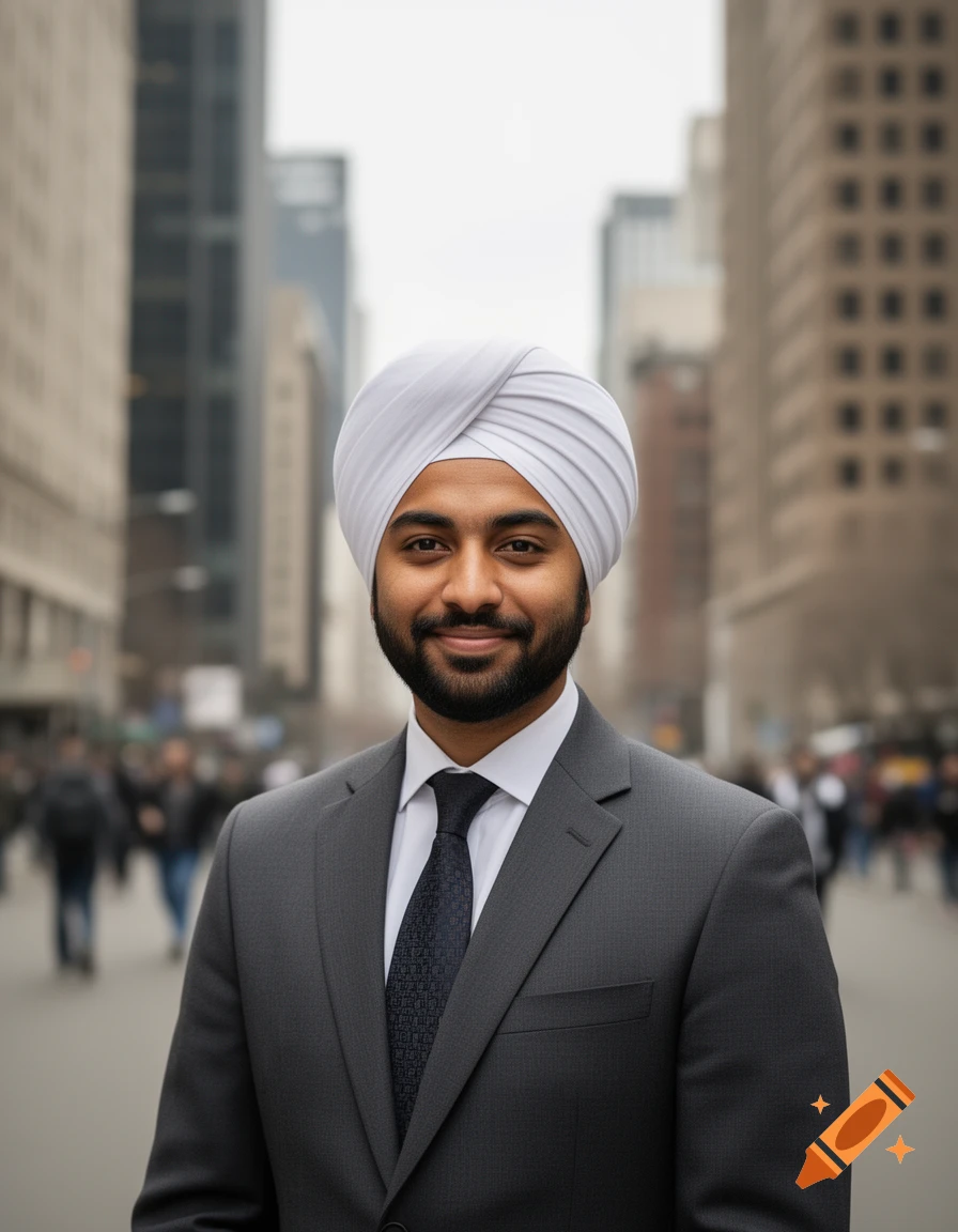 Photorealistic portrait of a smiling man in a grey suit and white turban on a city street.
