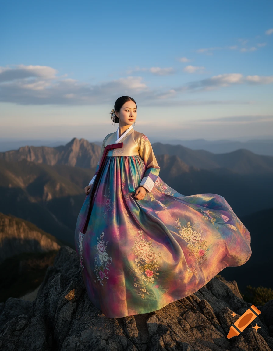 A beautiful young Korean woman in a vibrant, flowing hanbok stands on a rocky mountain ridge at sunset, looking out at distant peaks.