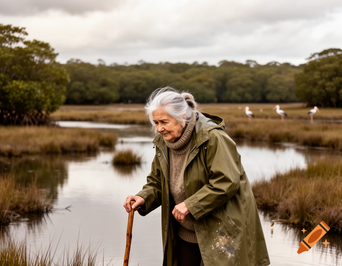 An elderly woman with gray hair and a green raincoat walks with a wooden cane through a wetlands environment under a cloudy sky.
