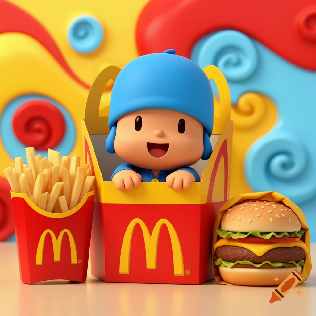 Pocoyo cartoon character in a McDonald's Happy Meal box, with fries and a burger, against a colorful background.