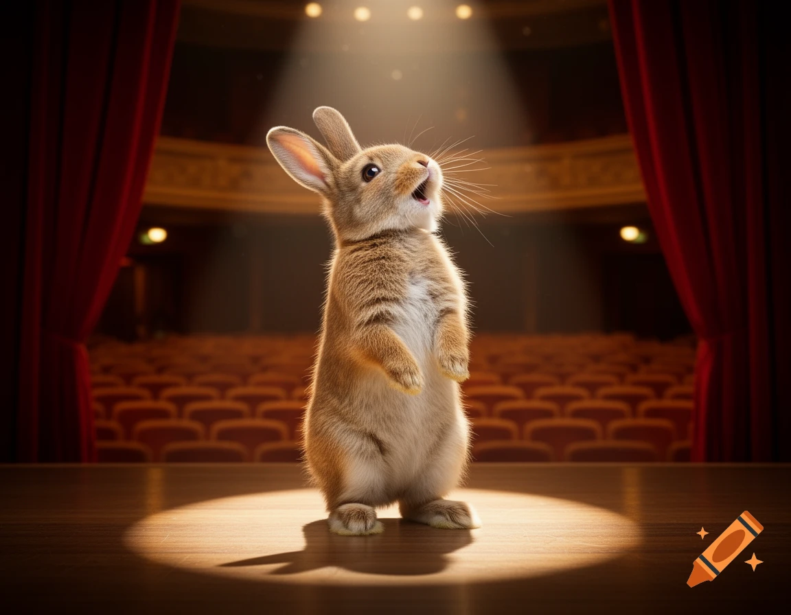 A cute fluffy rabbit stands upright on a spotlighted stage, looking upwards with its mouth open, red curtains in the background.