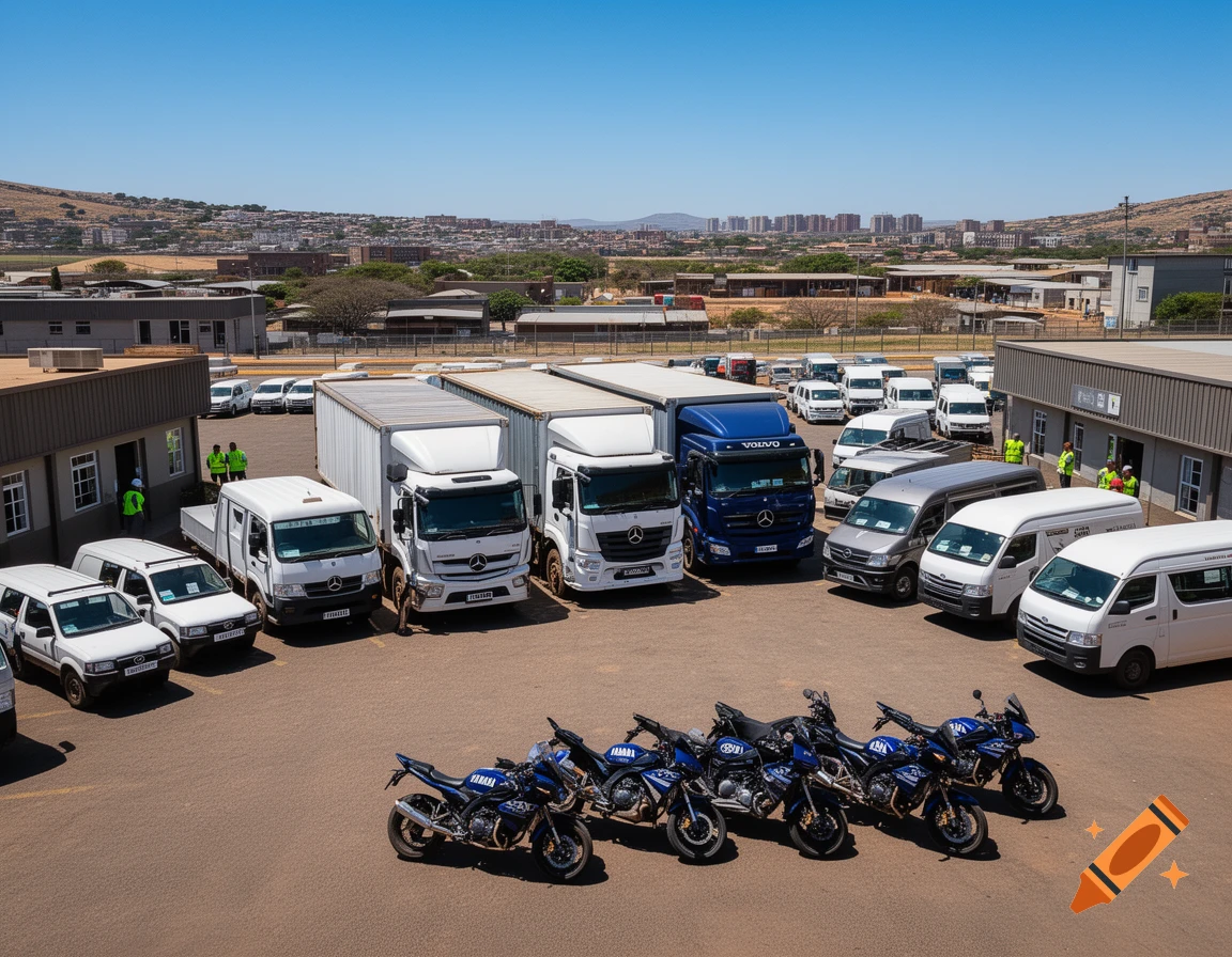 A busy transport business lot with numerous white and blue trucks, vans, and several blue motorcycles parked on a sunny day.