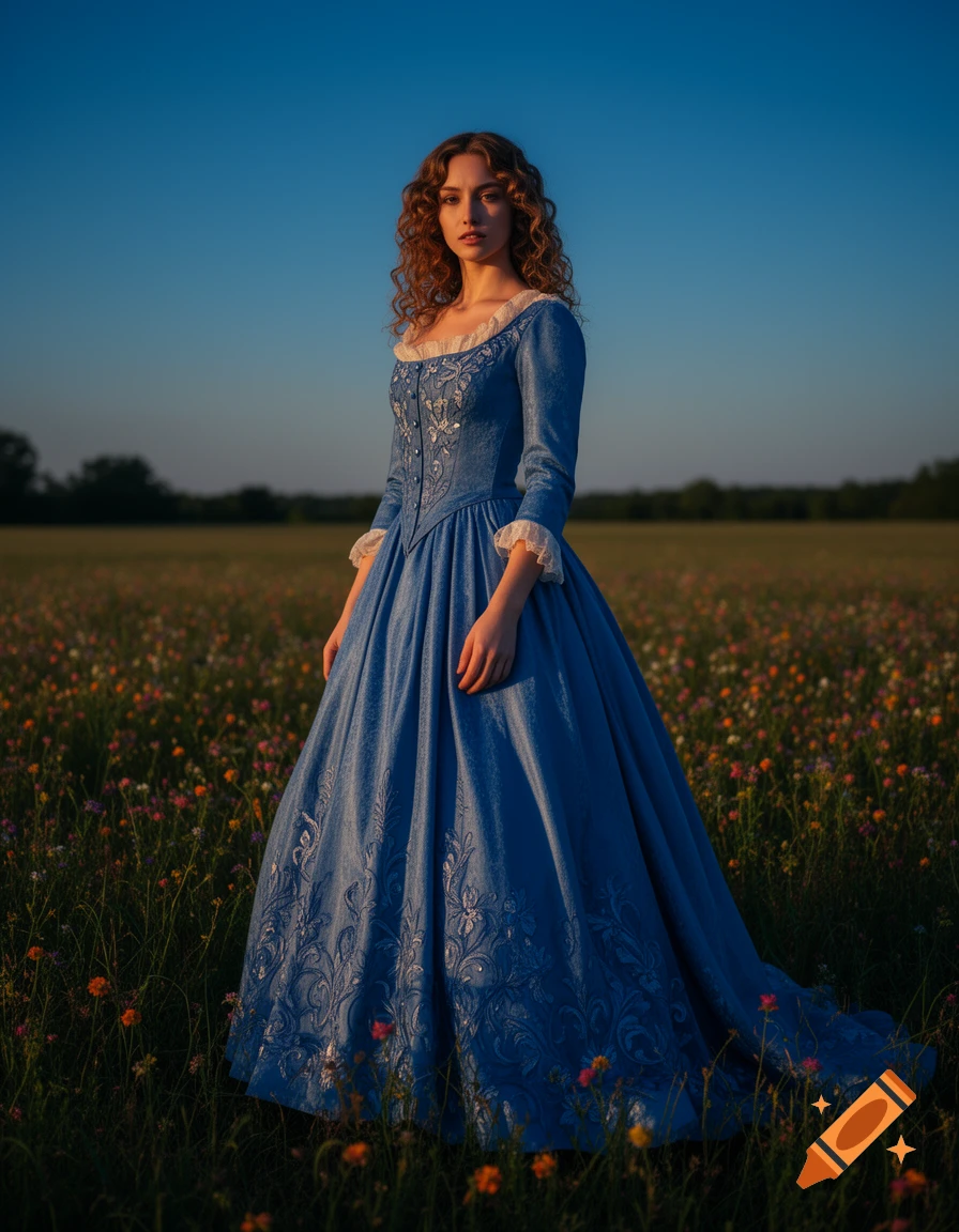 A woman with curly hair wearing a blue historical gown stands in a field of wildflowers at sunset.