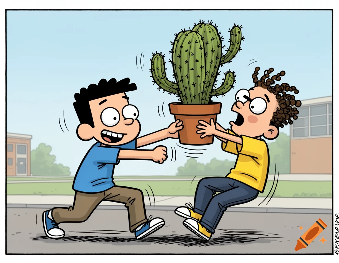 A cartoon boy with a wide grin pushes a large potted cactus towards another startled boy who recoils, outdoors near buildings.