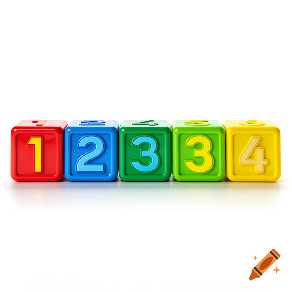 Five colorful toy blocks, red 1, blue 2, green 3, light green 3, and yellow 4, are arranged in a line on a white surface.