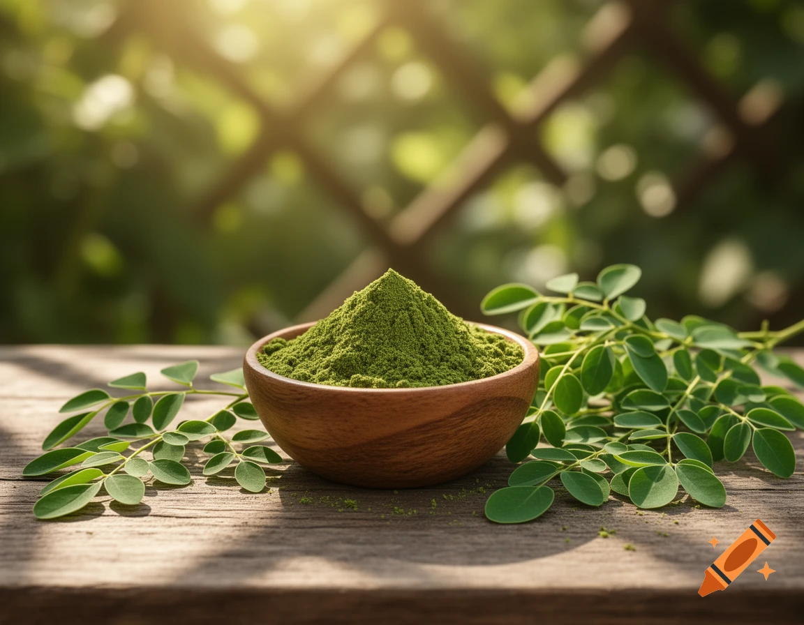 A wooden bowl filled with green moringa powder sits on a rustic wooden table, surrounded by fresh moringa leaves with a blurred green background.