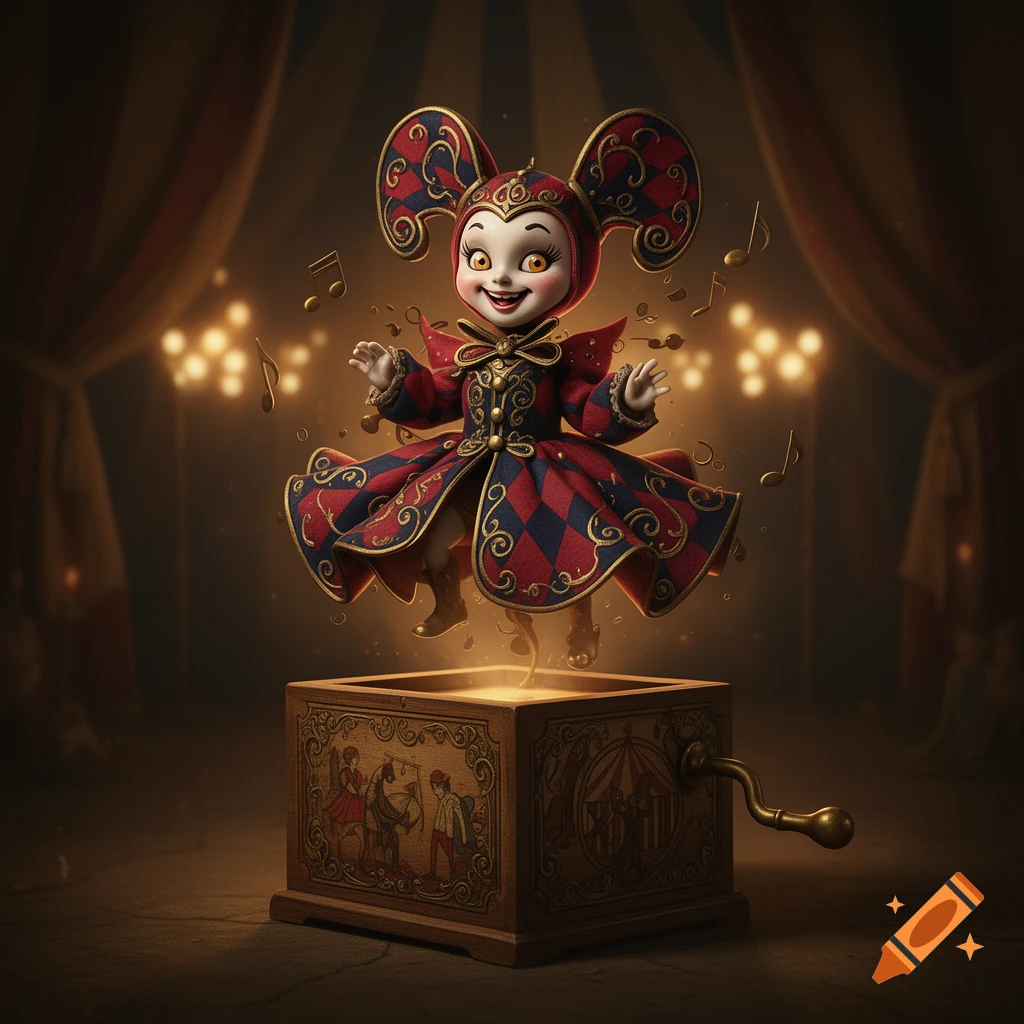 A creepy-cute jack-in-the-box doll with a harlequin outfit emerges from a glowing wooden box amidst musical notes on a dark circus stage.
