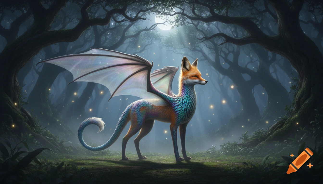 A vibrant fox-dragon hybrid with iridescent wings stands in an enchanting, moonlit forest filled with glowing fireflies.