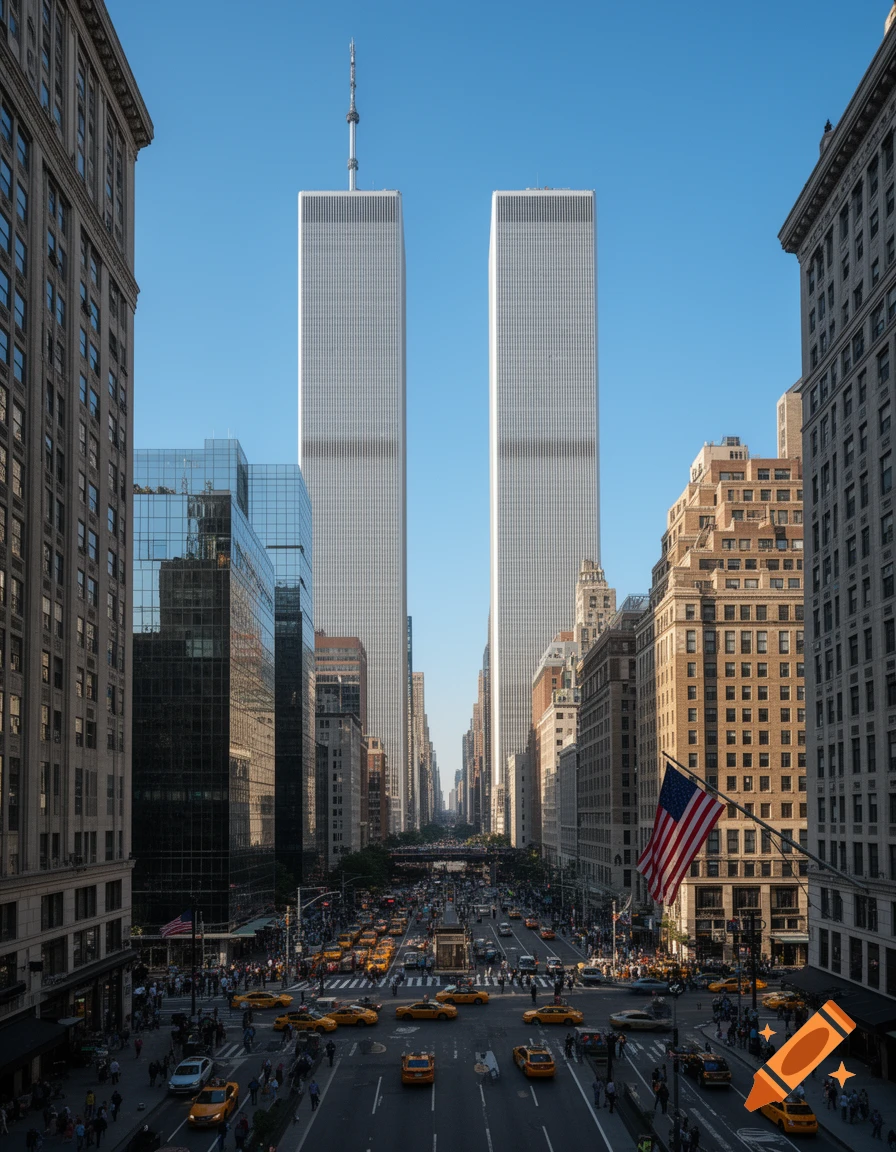 A photorealistic cityscape showing the World Trade Center (Twin Towers) towering above a busy street with yellow cabs and people, an American flag visible.