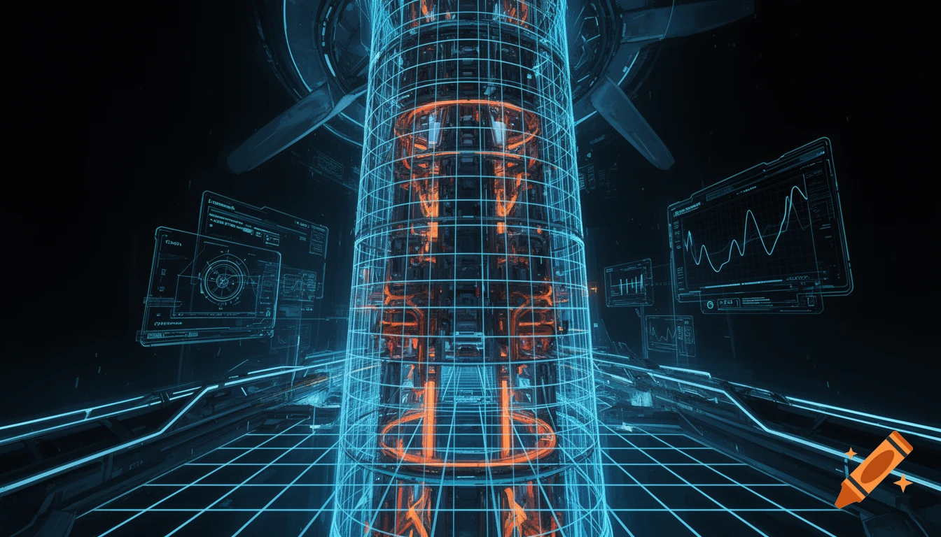 Tron-style sci-fi interior of a wind turbine tower with neon blue grid lines, glowing orange mechanical components, and holographic HUD data displays.