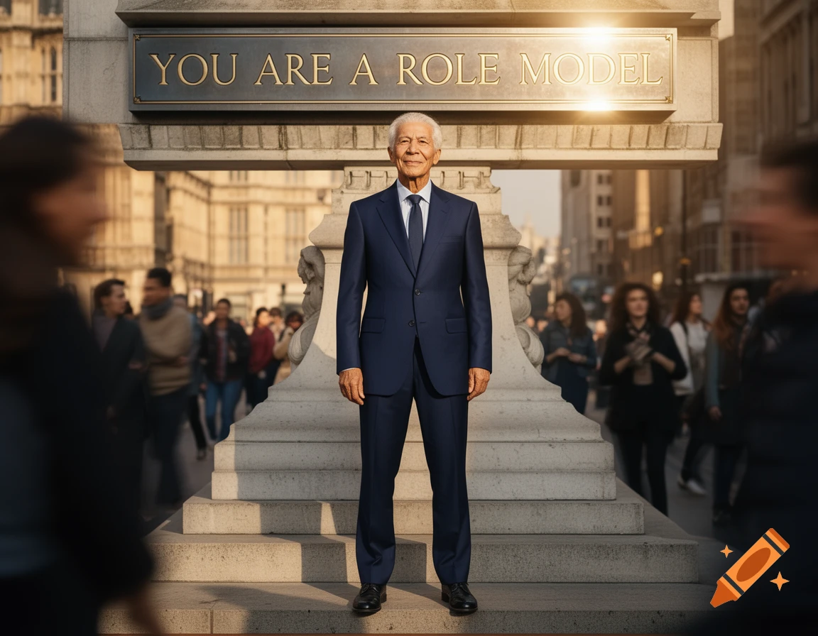 A distinguished man in a dark suit stands confidently on stone steps in a bustling city street, beneath a sign reading 'YOU ARE A ROLE MODEL'.