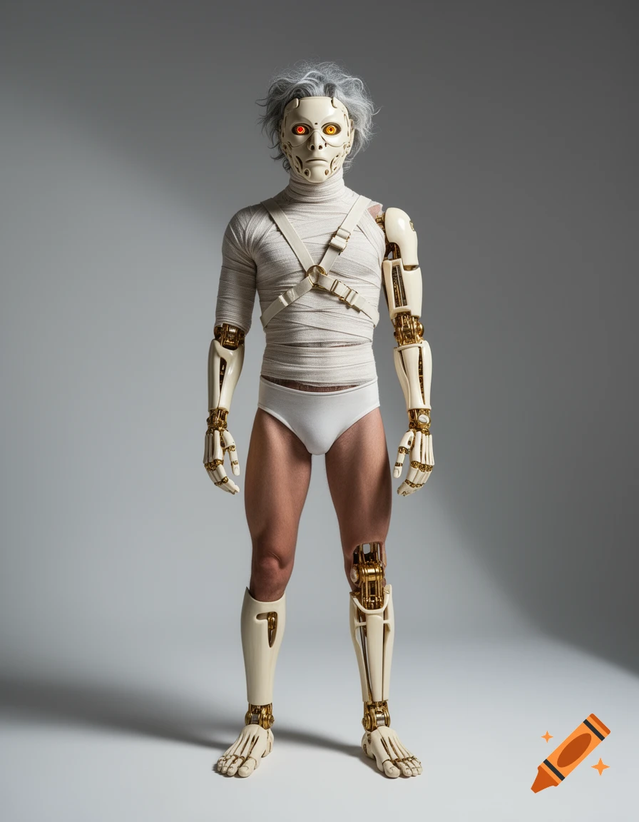 A full-body shot of a person with gray hair, an ivory mask with glowing red eyes, and extensive golden and ivory prosthetic limbs, wearing bandages and white briefs against a gray background.