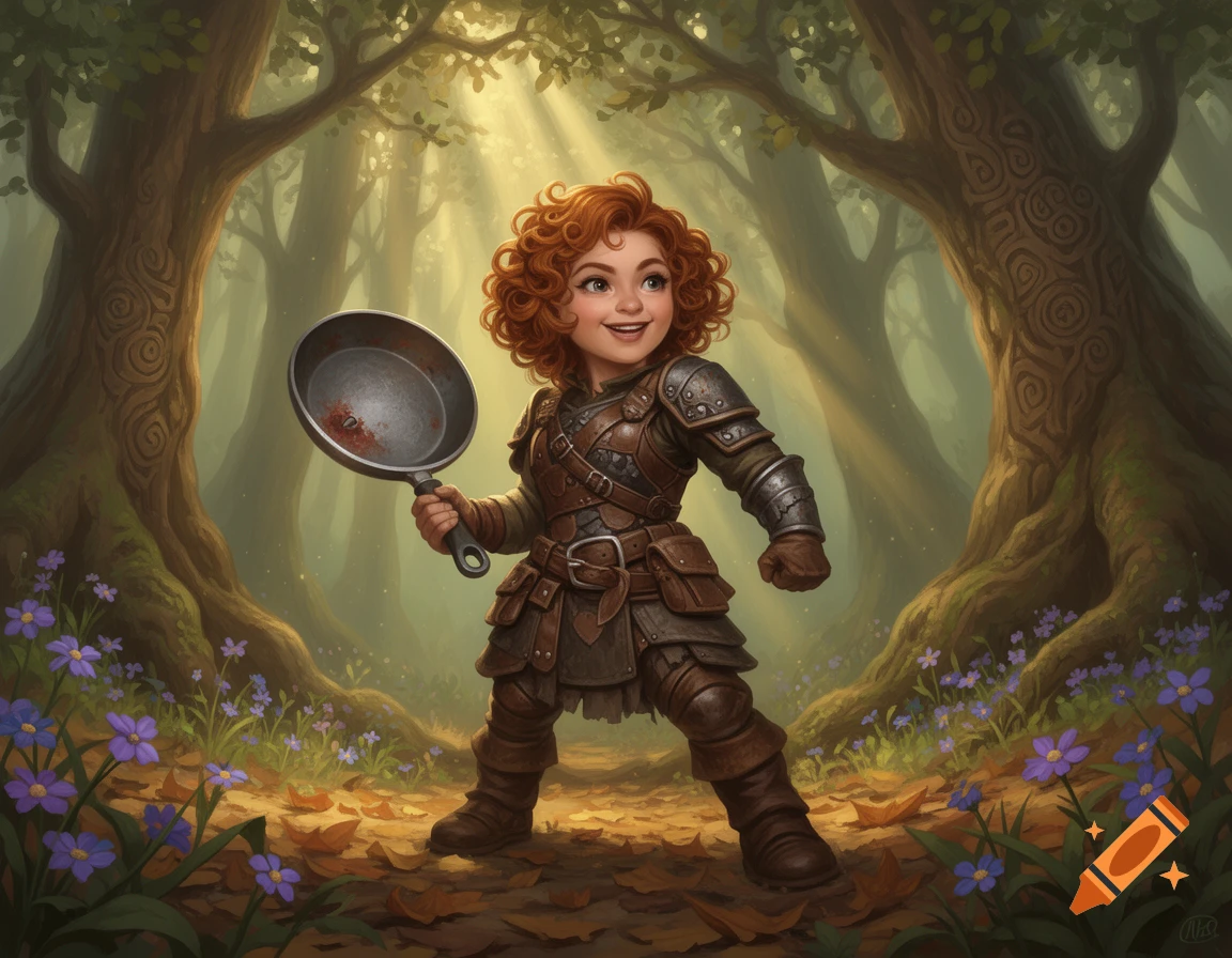 A female halfling adventurer with curly red hair, wearing armor and holding a frying pan, stands in a magical forest with sunbeams.