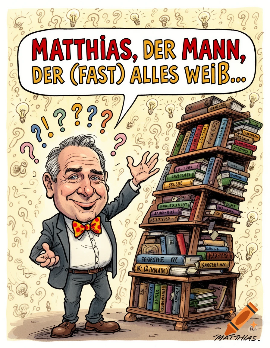 A cartoon man with a bow tie, raising his hands, stands next to a tall, leaning stack of books. A speech bubble above his head reads: "MATTHIAS, DER MANN, DER (FAST) ALLES WEIẞ..."