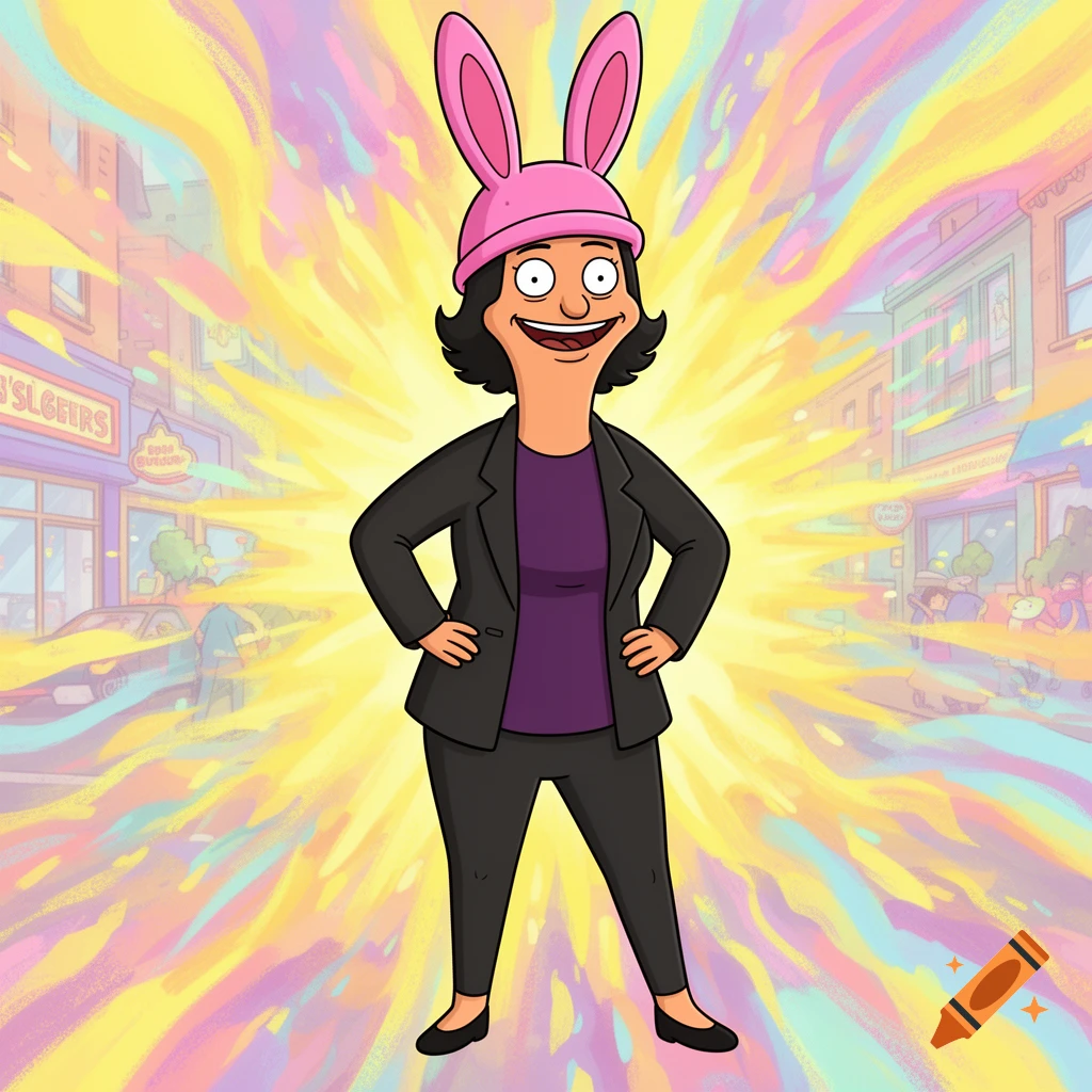 An adult Louise Belcher from Bob's Burgers, wearing her pink bunny ear hat, a black blazer, and purple shirt, stands with hands on hips against a vibrant, stylized city street background.