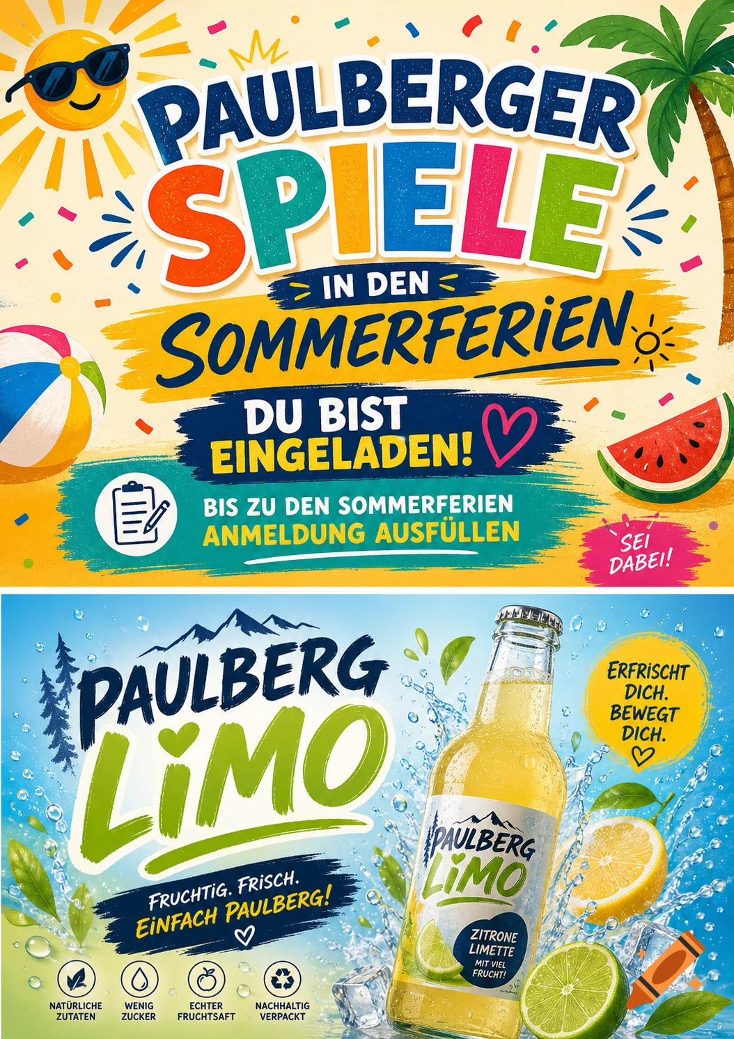 A colorful flyer advertising 'Paulberger Spiele in den Sommerferien' with a smiling sun, beach ball, watermelon, and palm tree, stacked above an ad for 'Paulberg Limo' showing a bottle with lemons, limes, and ice.
