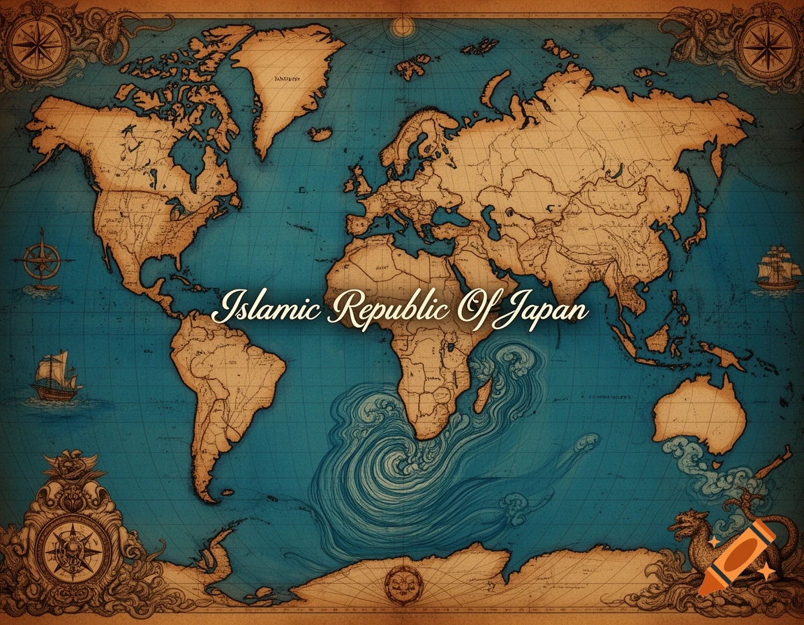 Vintage-style world map featuring continents, oceans, ships, compasses, and a sea monster, with 'Islamic Republic Of Japan' written across the center.