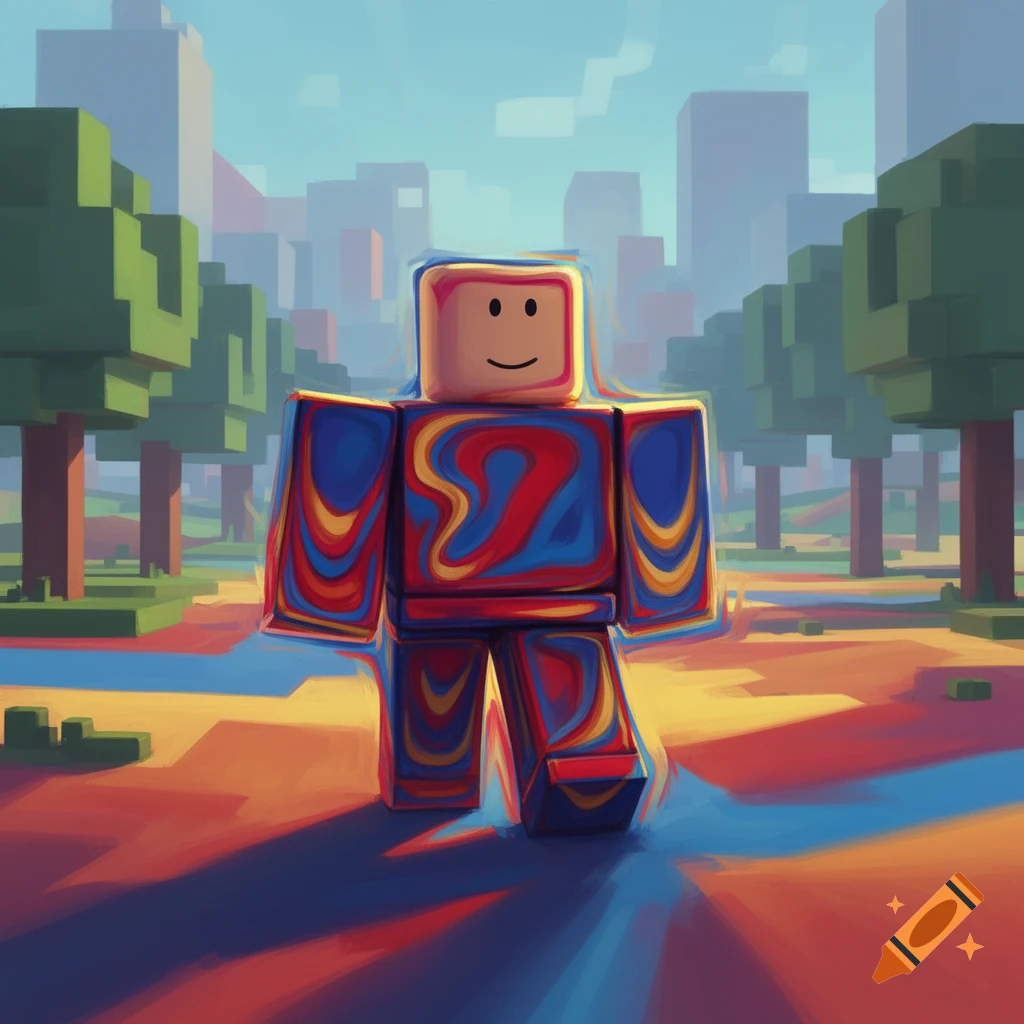 A colorful, distorted Robloxian character with a default face stands in a blocky landscape with trees and buildings, rendered in a painted style.