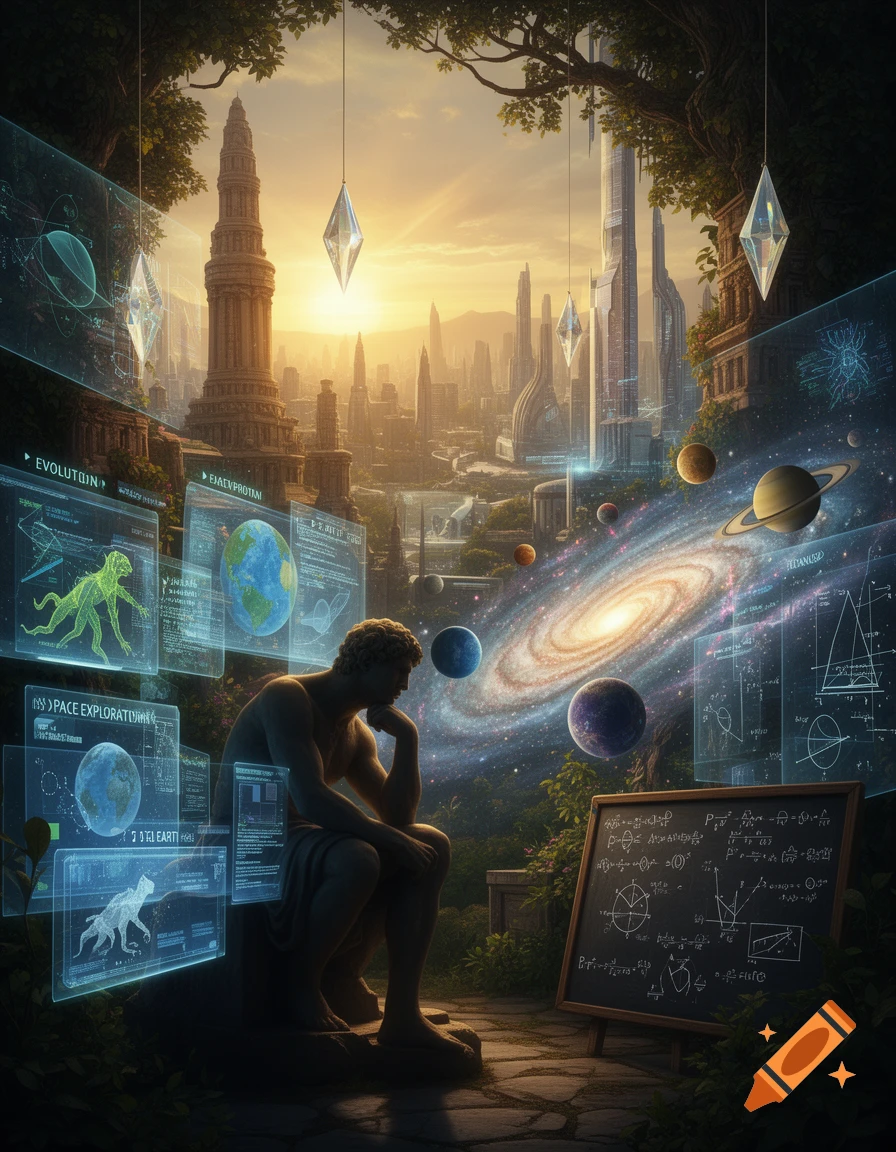 A thinking statue observes holographic screens displaying scientific theories and a galaxy, set against a futuristic city skyline at sunset.