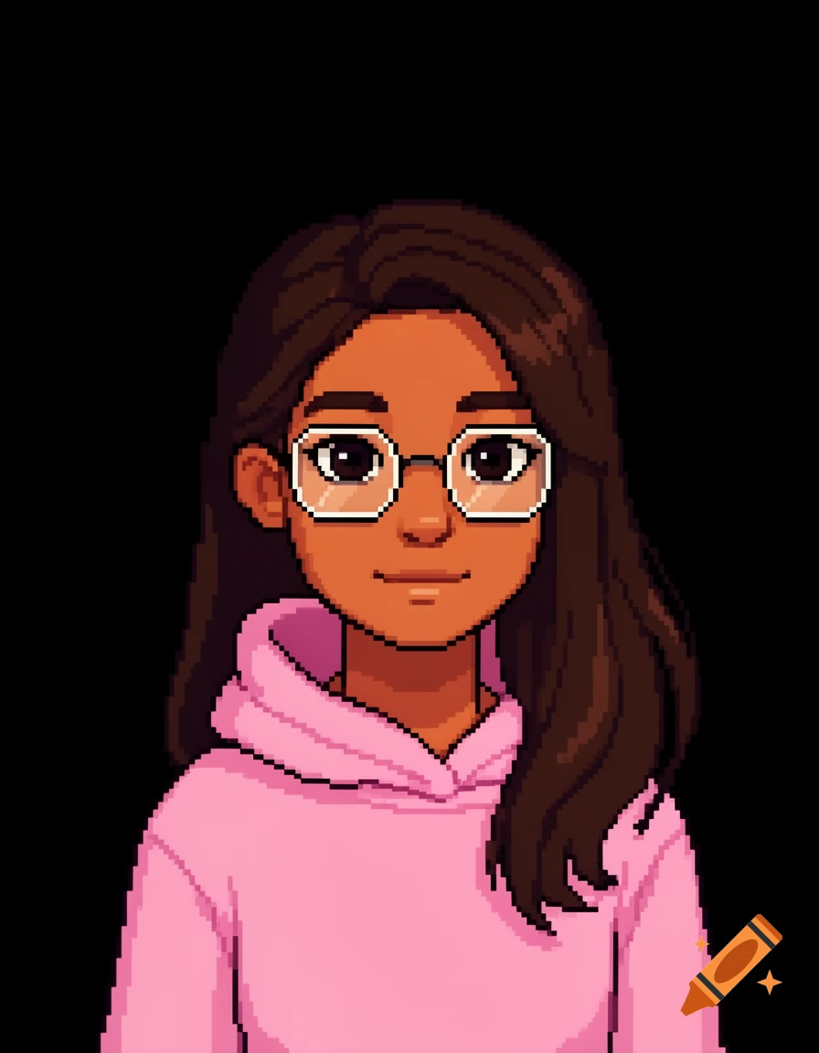A pixel art portrait of a young Hispanic girl with long dark hair, glasses, and a pink hoodie on a black background.