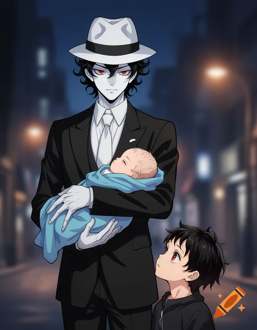 Anime illustration of a pale man in a suit and fedora holding a baby, with a boy looking up at him on a dim street.
