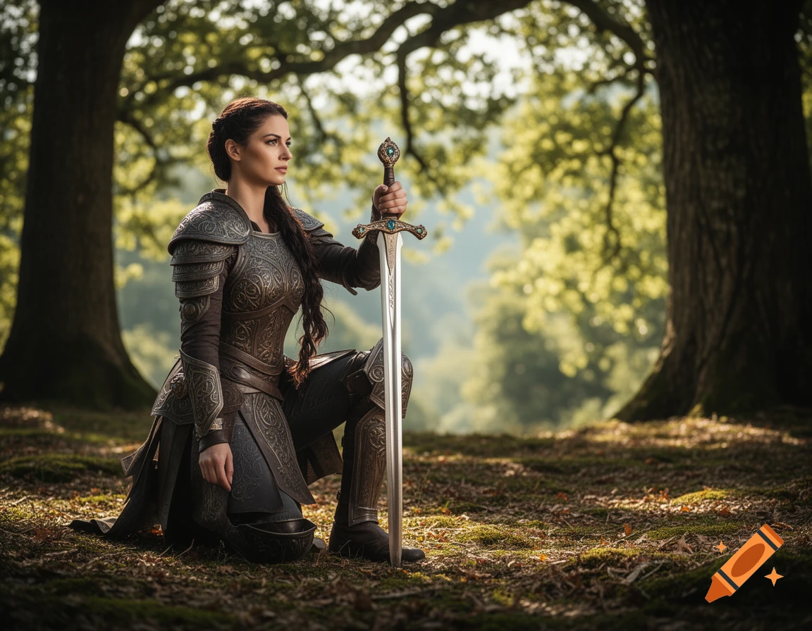 A photorealistic image of a warrior woman in armor kneeling with a sword upright in a sun-dappled forest.
