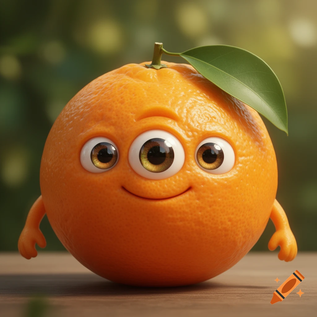 A cute, photorealistic orange with three eyes, a smile, tiny arms, and a green leaf on top, on a wooden surface.