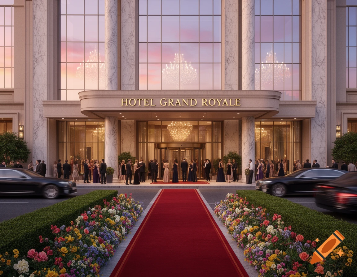 A grand hotel entrance with a red carpet, flower beds, and elegantly dressed people gathered outside. Cars pass by with motion blur.